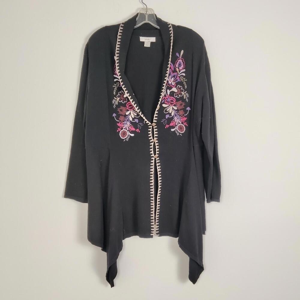 CJ Banks Women's Size 1X Black Embroidered Floral Cardigan Sweater 100% Cotton
